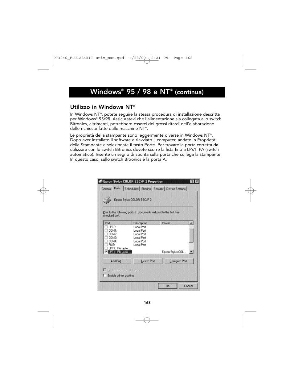 Windows, 95 / 98 e nt, Continua) | Utilizzo in windows nt | Belkin BITRONICS P73046 User Manual | Page 171 / 179