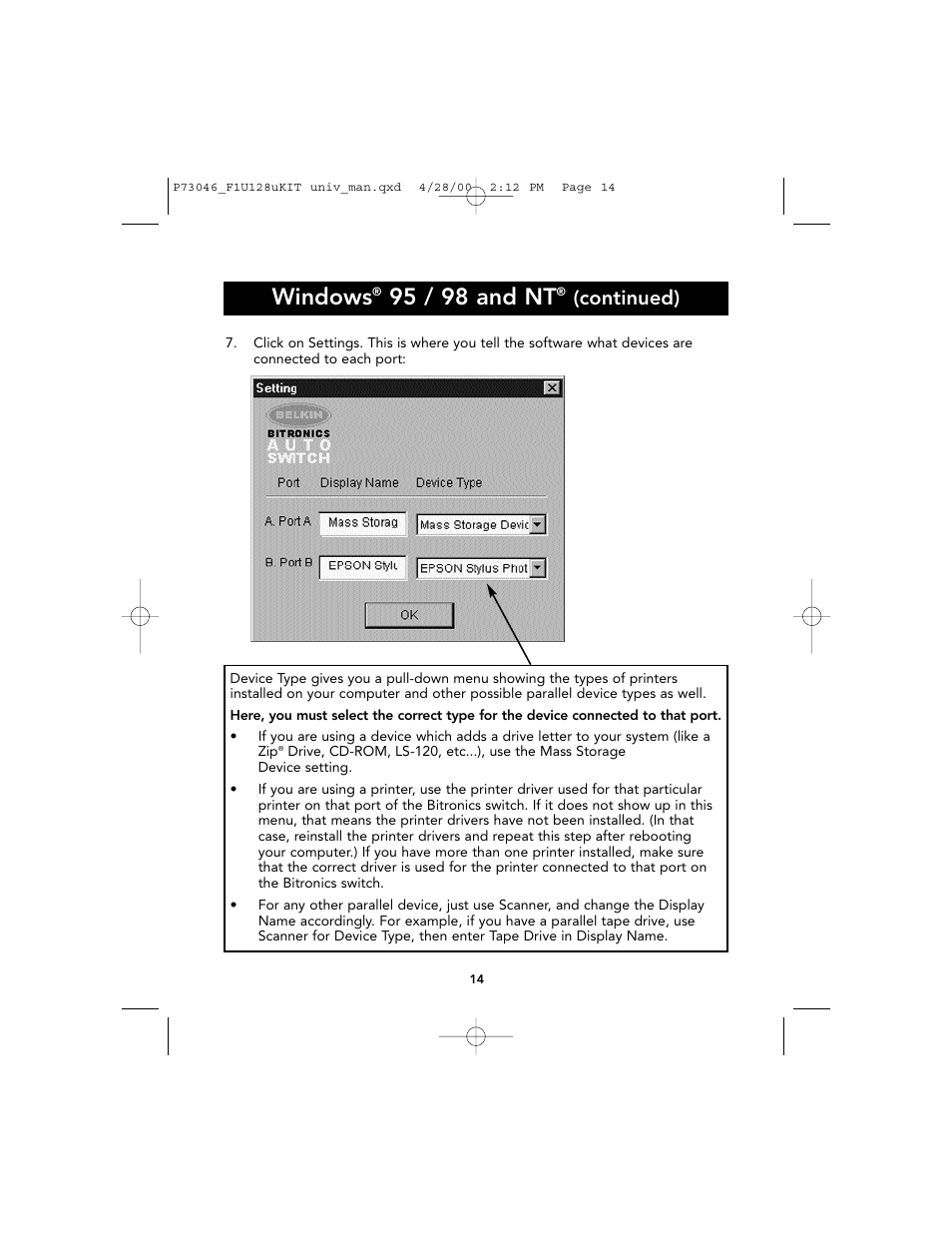 Windows, 95 / 98 and nt, Continued) | Belkin BITRONICS P73046 User Manual | Page 18 / 179