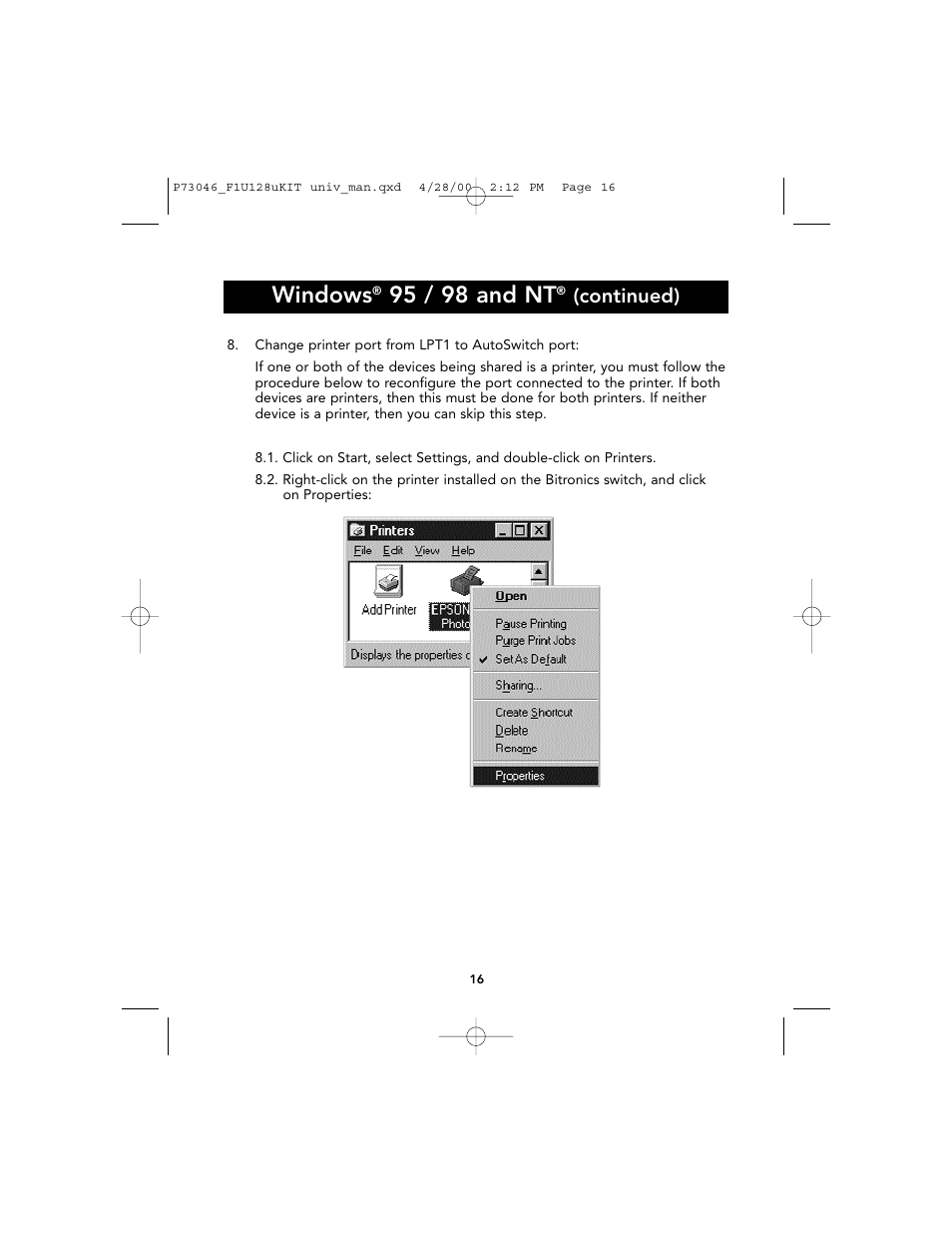 Windows, 95 / 98 and nt, Continued) | Belkin BITRONICS P73046 User Manual | Page 20 / 179