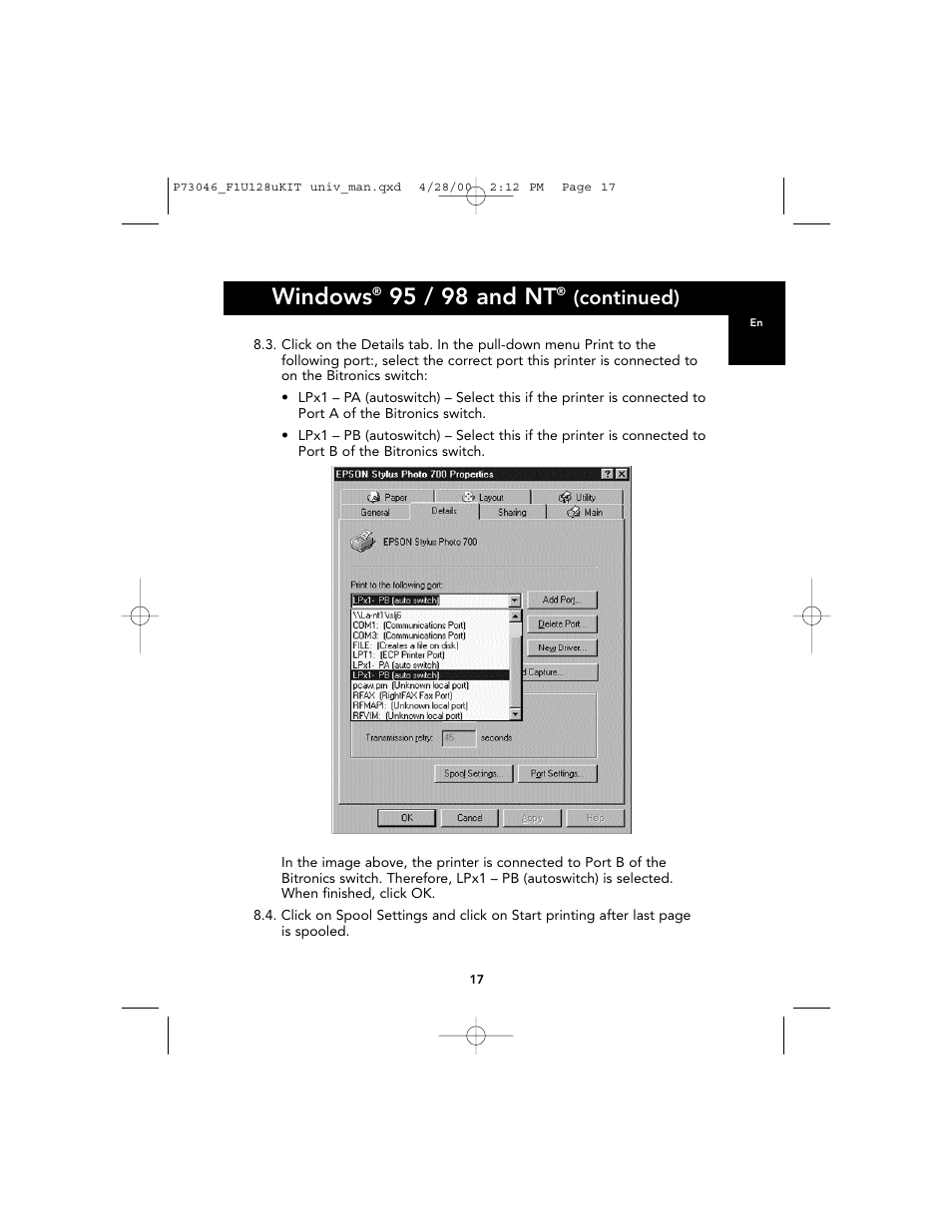 Windows, 95 / 98 and nt, Continued) | Belkin BITRONICS P73046 User Manual | Page 21 / 179