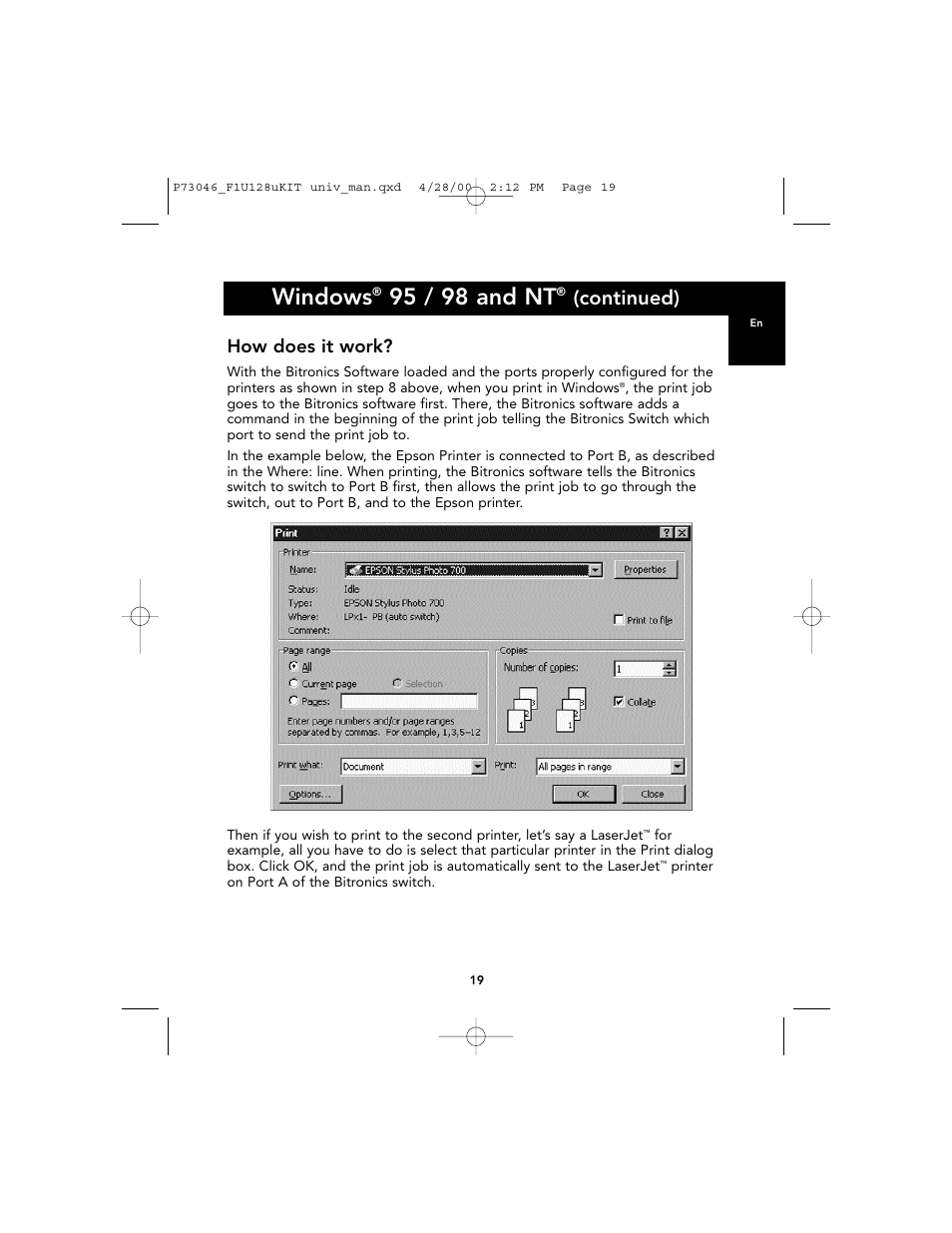 Windows, 95 / 98 and nt, Continued) | How does it work | Belkin BITRONICS P73046 User Manual | Page 23 / 179