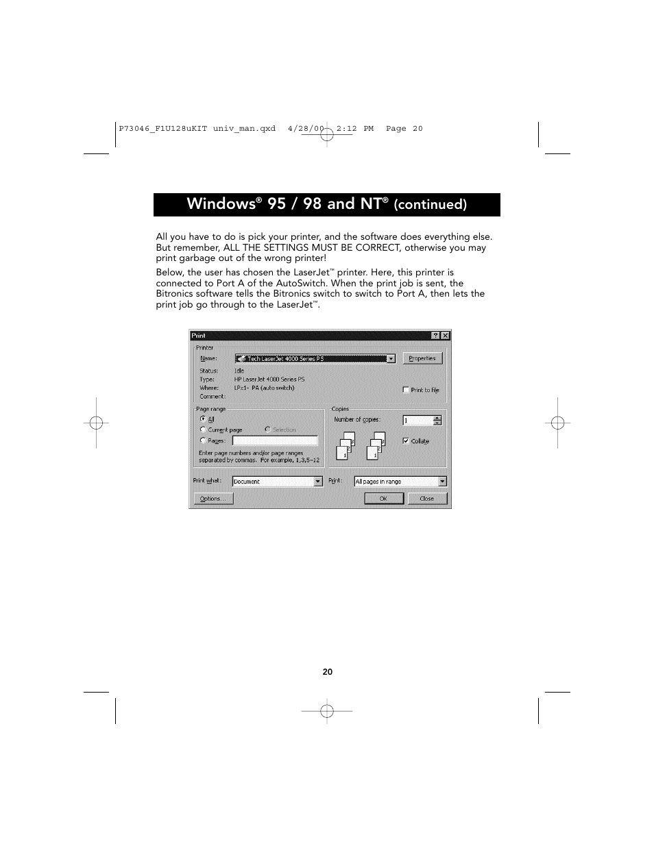 Windows, 95 / 98 and nt, Continued) | Belkin BITRONICS P73046 User Manual | Page 24 / 179