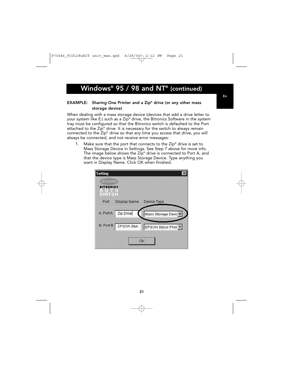 Windows, 95 / 98 and nt, Continued) | Belkin BITRONICS P73046 User Manual | Page 25 / 179