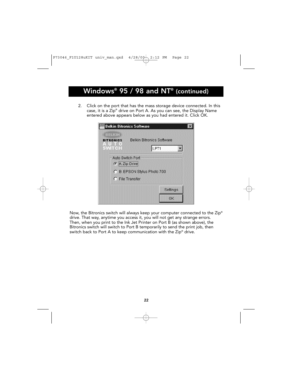 Windows, 95 / 98 and nt, Continued) | Belkin BITRONICS P73046 User Manual | Page 26 / 179