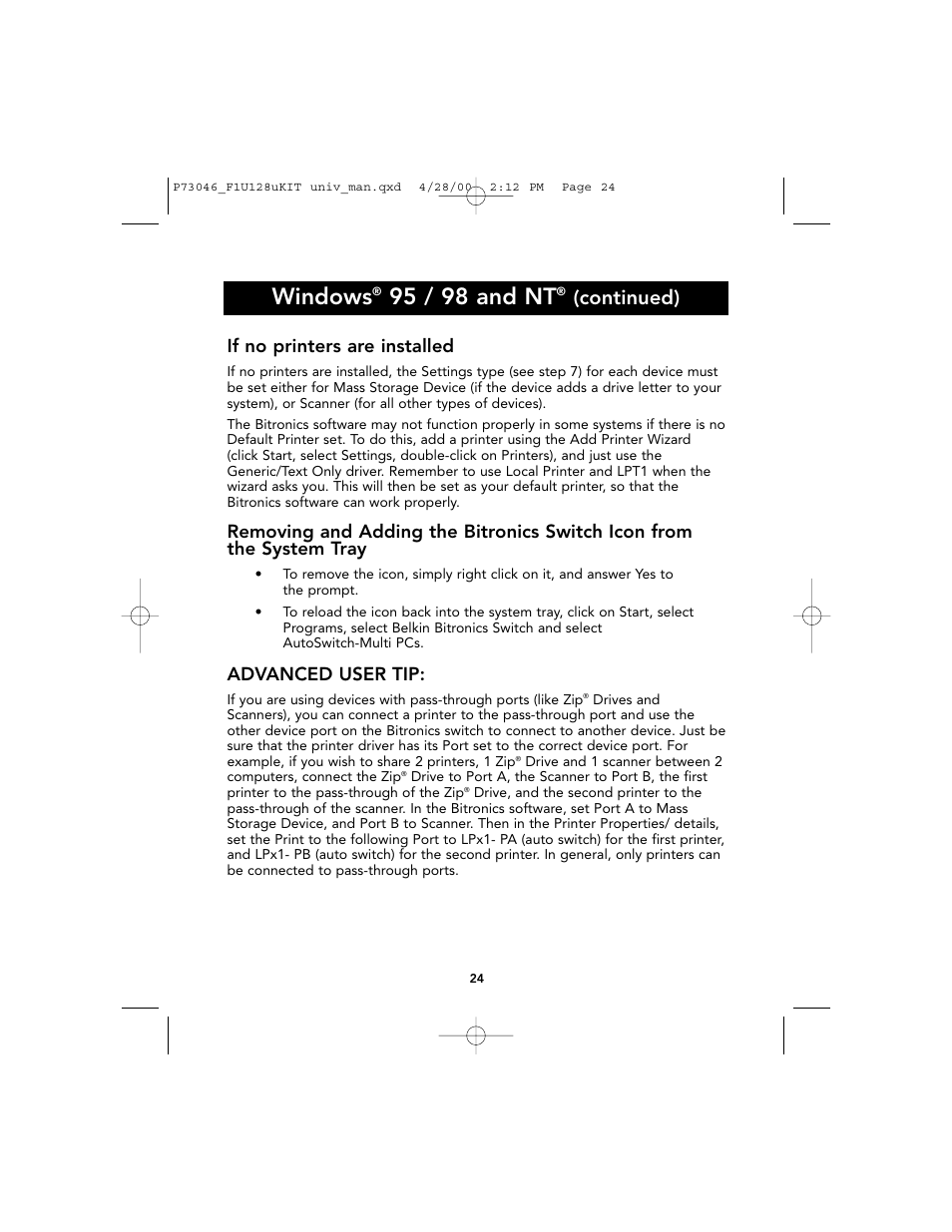 Windows, 95 / 98 and nt, Continued) | If no printers are installed, Advanced user tip | Belkin BITRONICS P73046 User Manual | Page 28 / 179