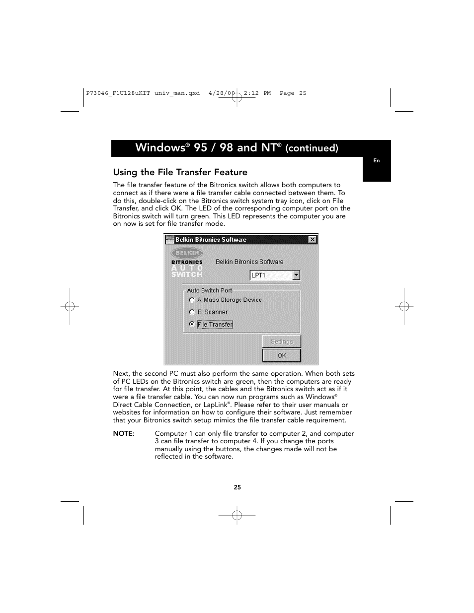 Windows, 95 / 98 and nt, Continued) | Using the file transfer feature | Belkin BITRONICS P73046 User Manual | Page 29 / 179