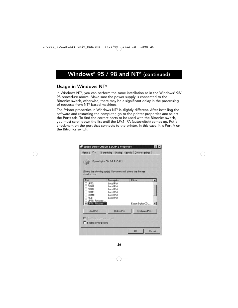 Windows, 95 / 98 and nt, Continued) | Usage in windows nt | Belkin BITRONICS P73046 User Manual | Page 30 / 179
