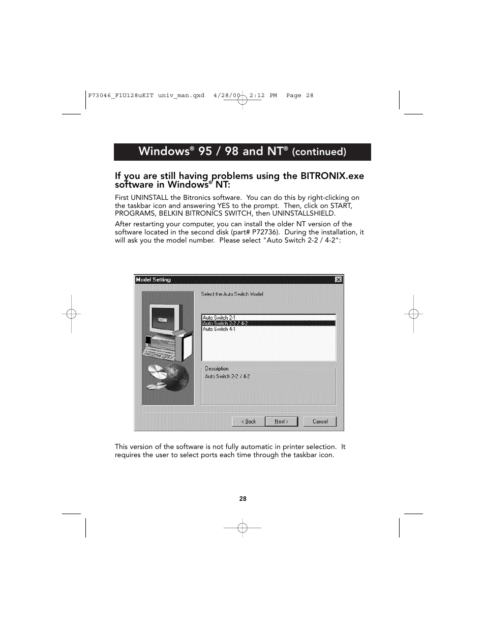 Windows, 95 / 98 and nt, Continued) | Belkin BITRONICS P73046 User Manual | Page 32 / 179