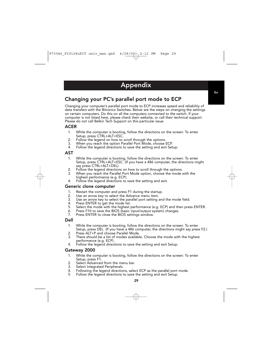 Appendix, Changing your pc’s parallel port mode to ecp | Belkin BITRONICS P73046 User Manual | Page 33 / 179