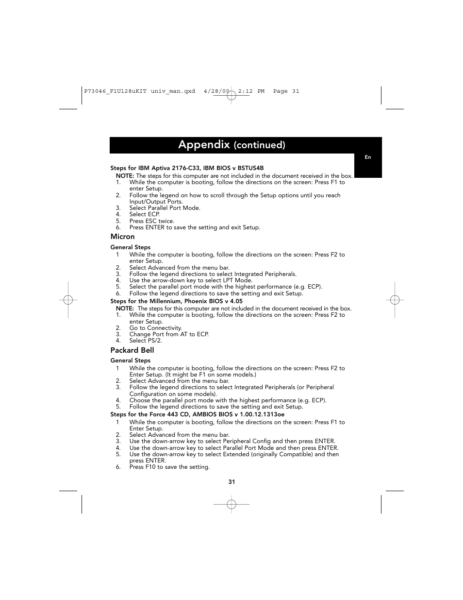 Appendix, Continued) | Belkin BITRONICS P73046 User Manual | Page 35 / 179