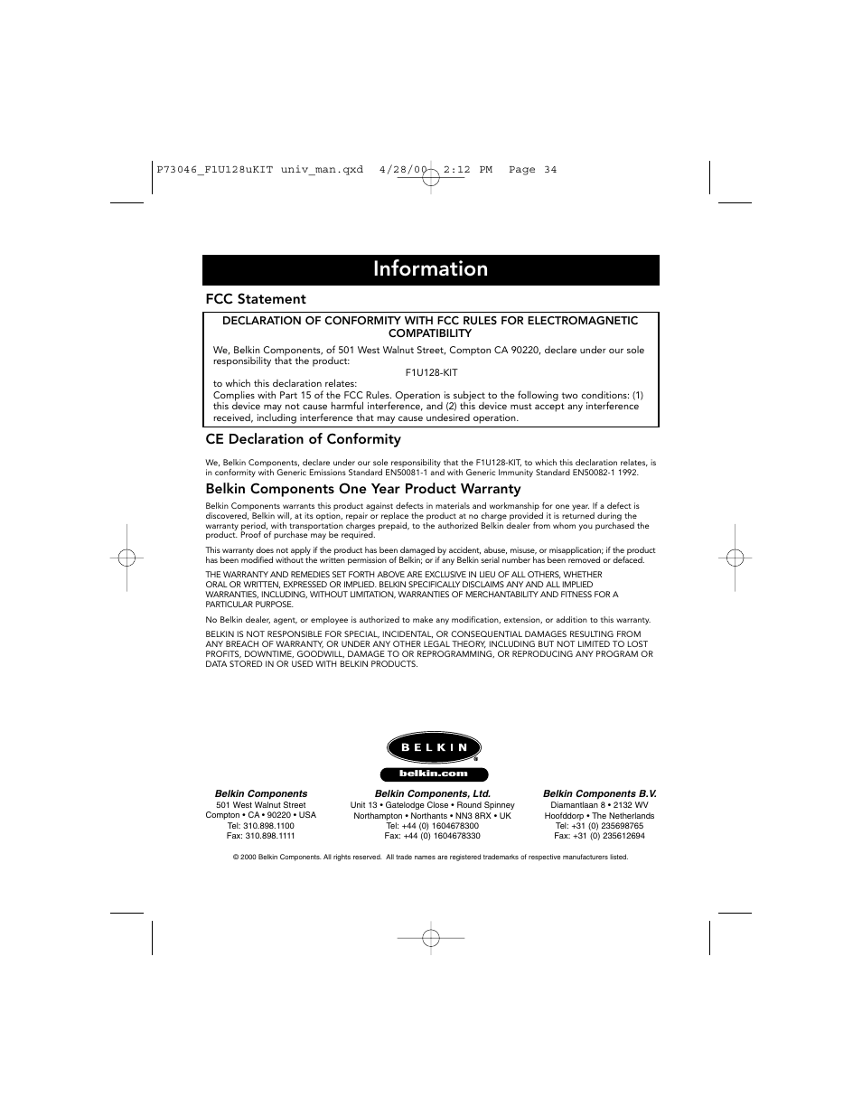 Information, Fcc statement, Ce declaration of conformity | Belkin components one year product warranty | Belkin BITRONICS P73046 User Manual | Page 38 / 179