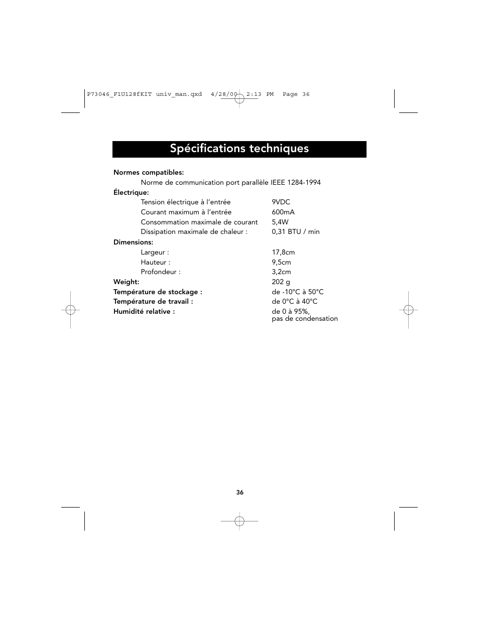 Spécifications techniques | Belkin BITRONICS P73046 User Manual | Page 40 / 179