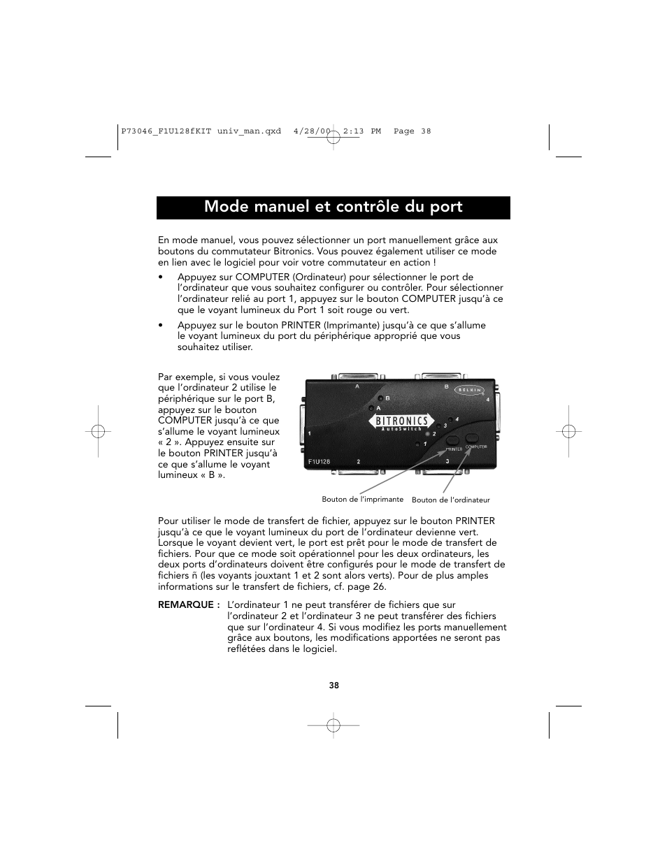 Mode manuel et contrôle du port | Belkin BITRONICS P73046 User Manual | Page 42 / 179