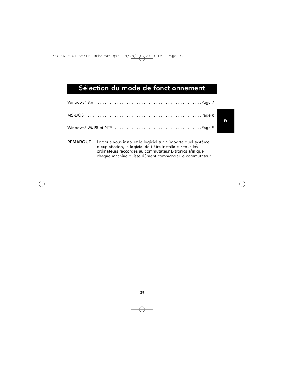 Sélection du mode de fonctionnement | Belkin BITRONICS P73046 User Manual | Page 43 / 179