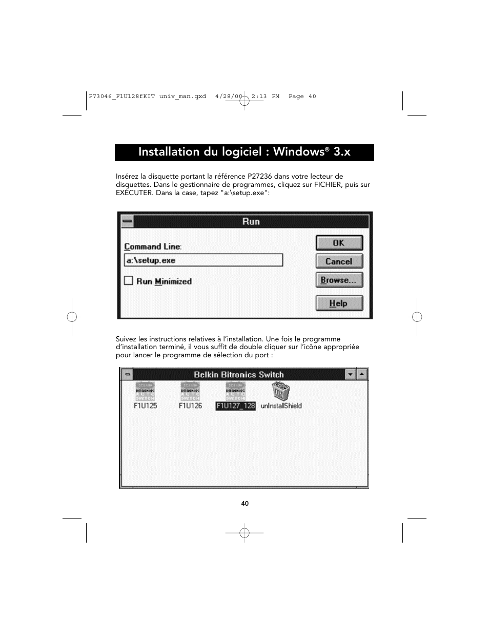 Installation du logiciel : windows | Belkin BITRONICS P73046 User Manual | Page 44 / 179