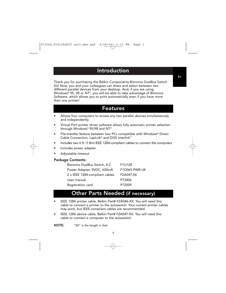 Introduction features, Other parts needed, If necessary) | Belkin BITRONICS P73046 User Manual | Page 5 / 179