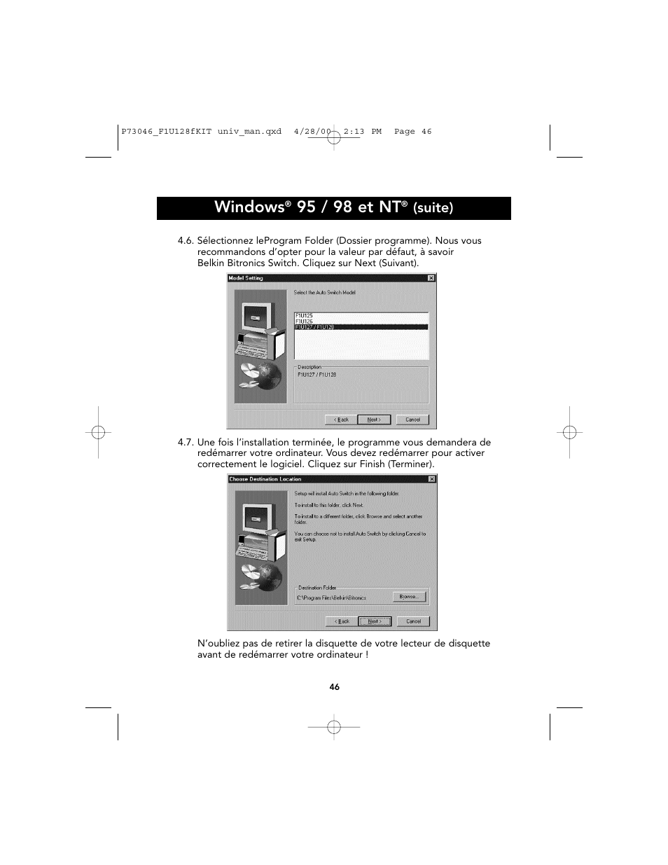 Windows, 95 / 98 et nt, Suite) | Belkin BITRONICS P73046 User Manual | Page 50 / 179