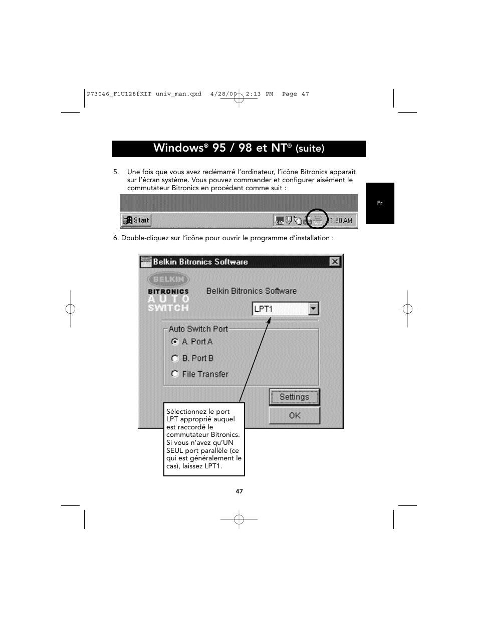 Windows, 95 / 98 et nt, Suite) | Belkin BITRONICS P73046 User Manual | Page 51 / 179