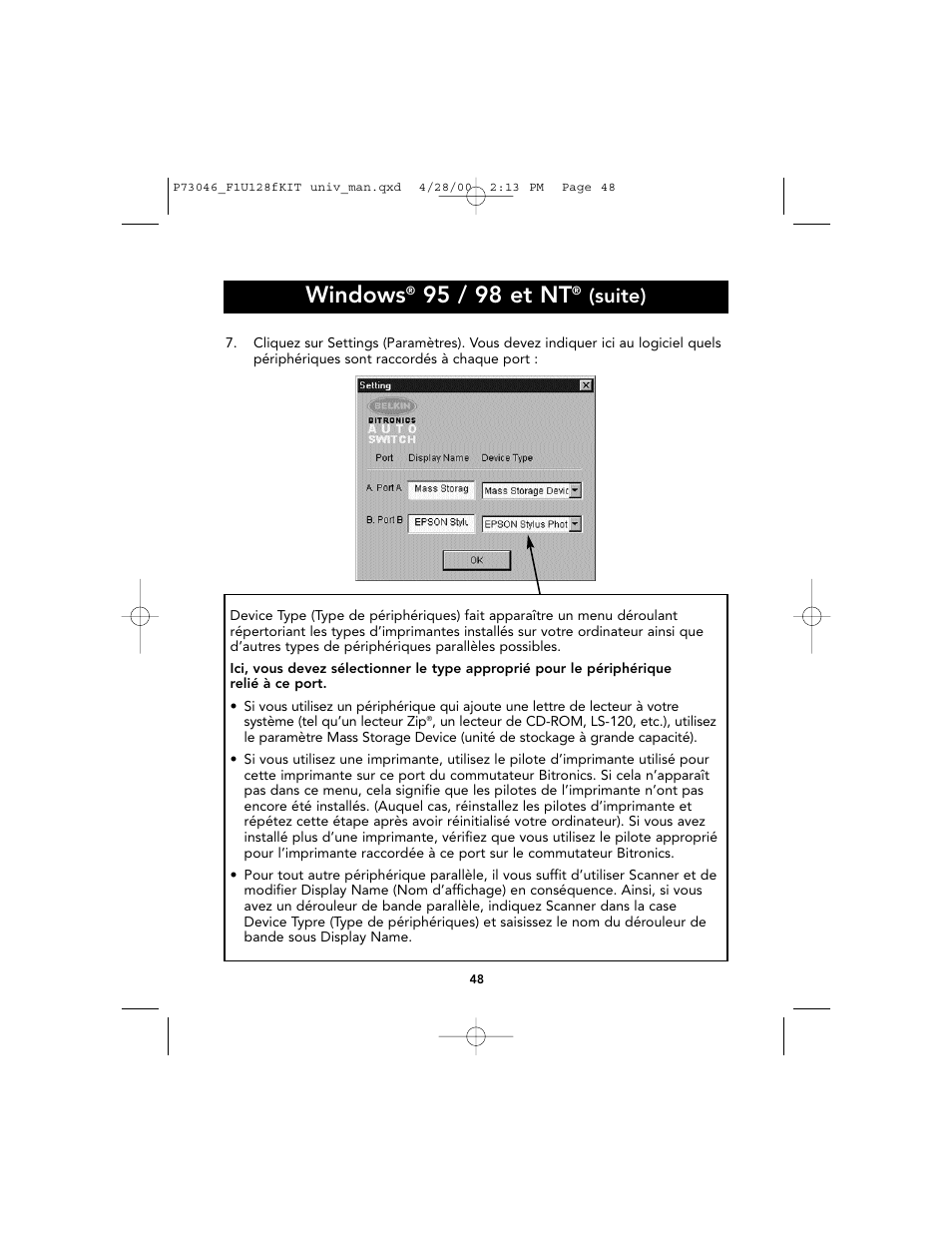 Windows, 95 / 98 et nt, Suite) | Belkin BITRONICS P73046 User Manual | Page 52 / 179