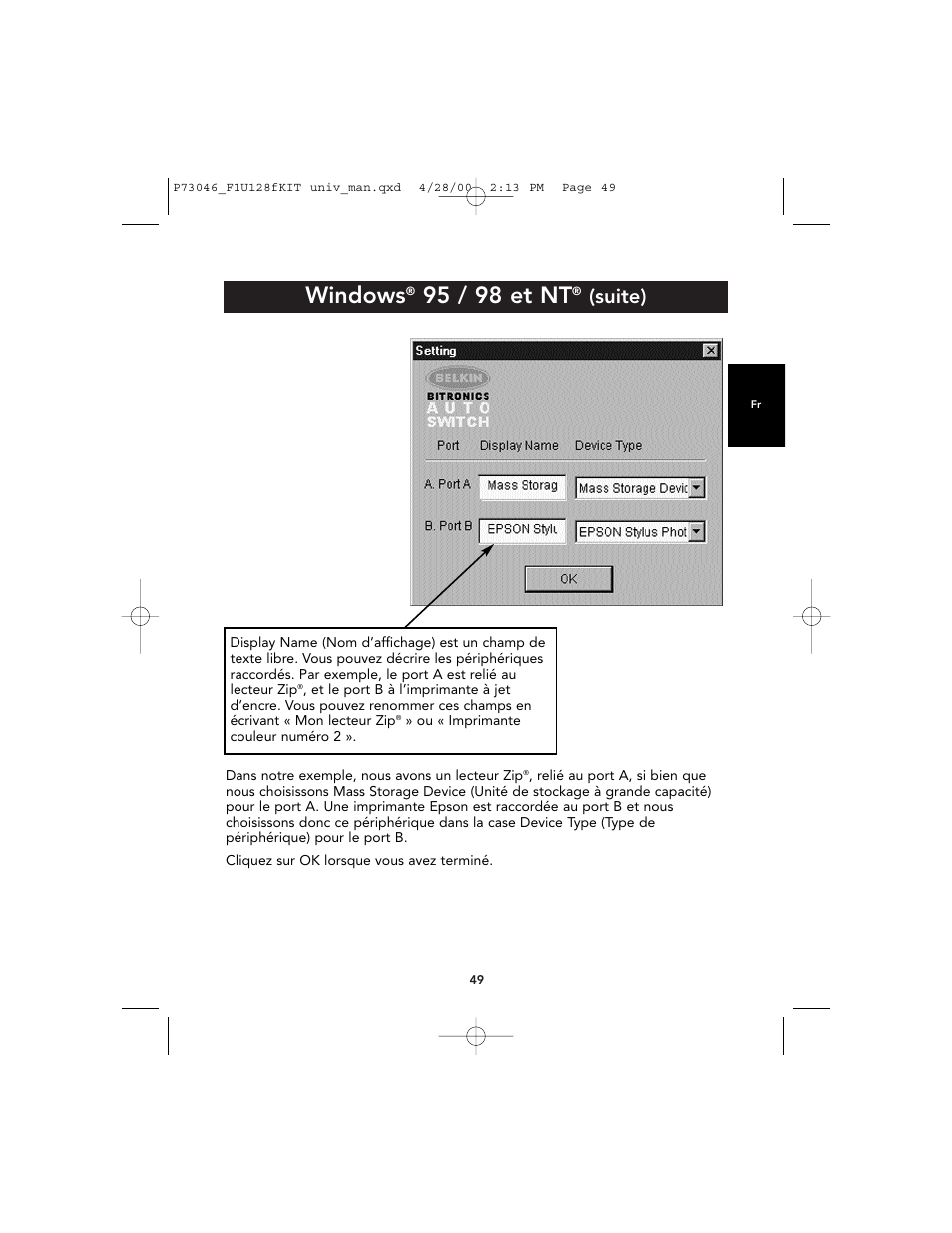 Windows, 95 / 98 et nt, Suite) | Belkin BITRONICS P73046 User Manual | Page 53 / 179