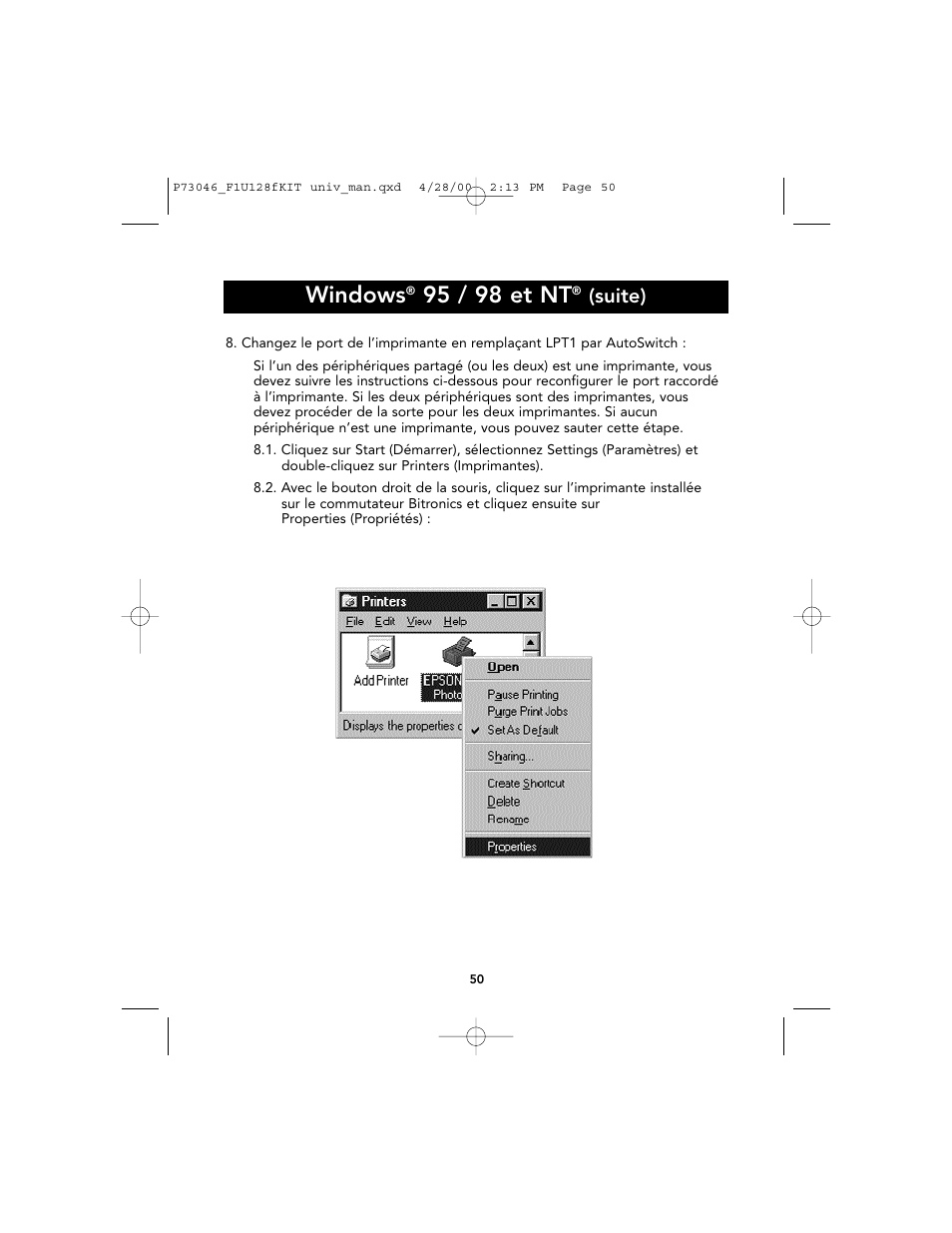 Windows, 95 / 98 et nt, Suite) | Belkin BITRONICS P73046 User Manual | Page 54 / 179