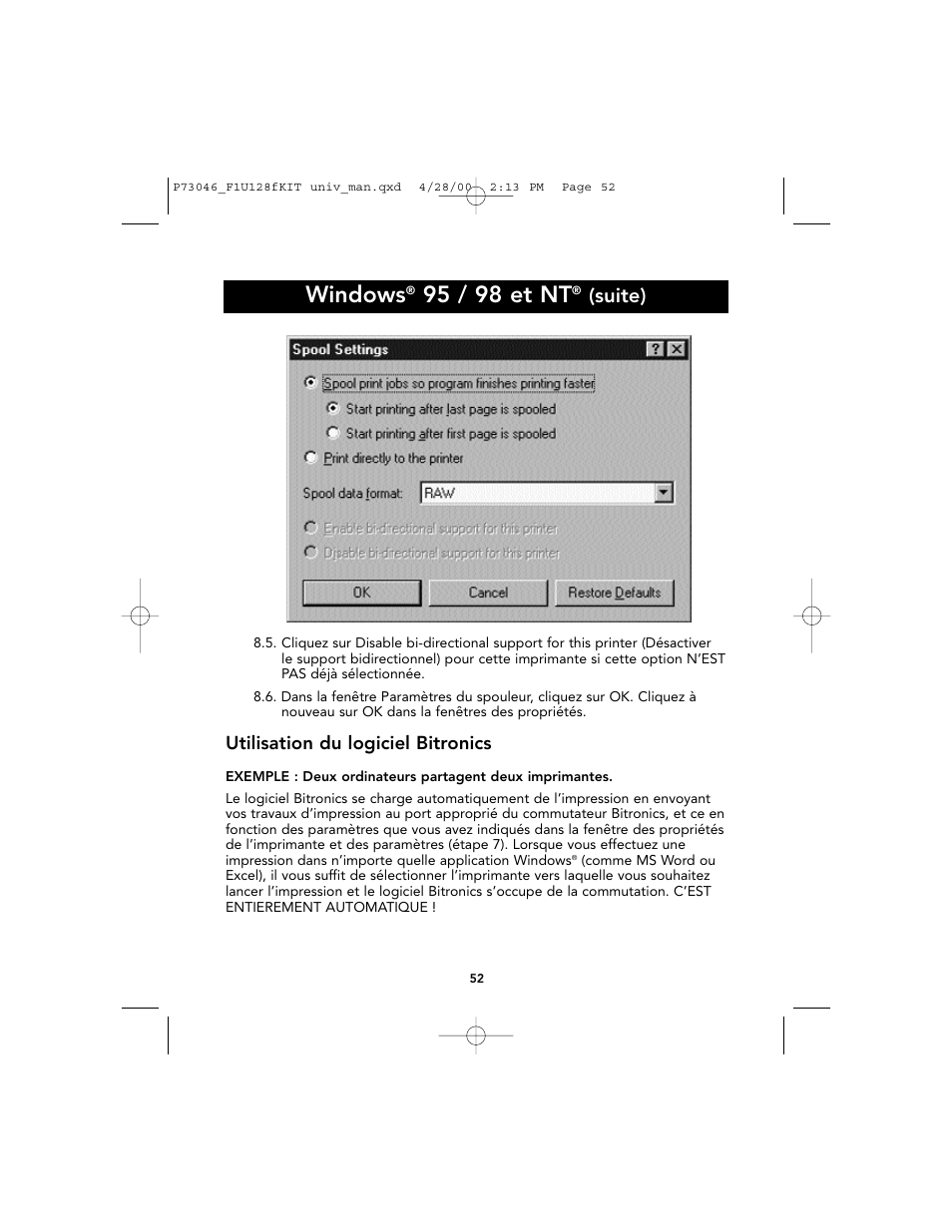 Windows, 95 / 98 et nt, Suite) | Belkin BITRONICS P73046 User Manual | Page 56 / 179