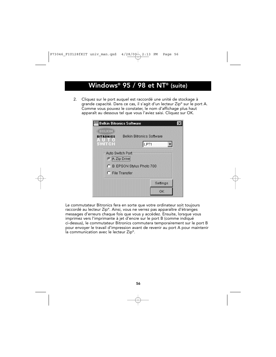 Windows, 95 / 98 et nt, Suite) | Belkin BITRONICS P73046 User Manual | Page 60 / 179