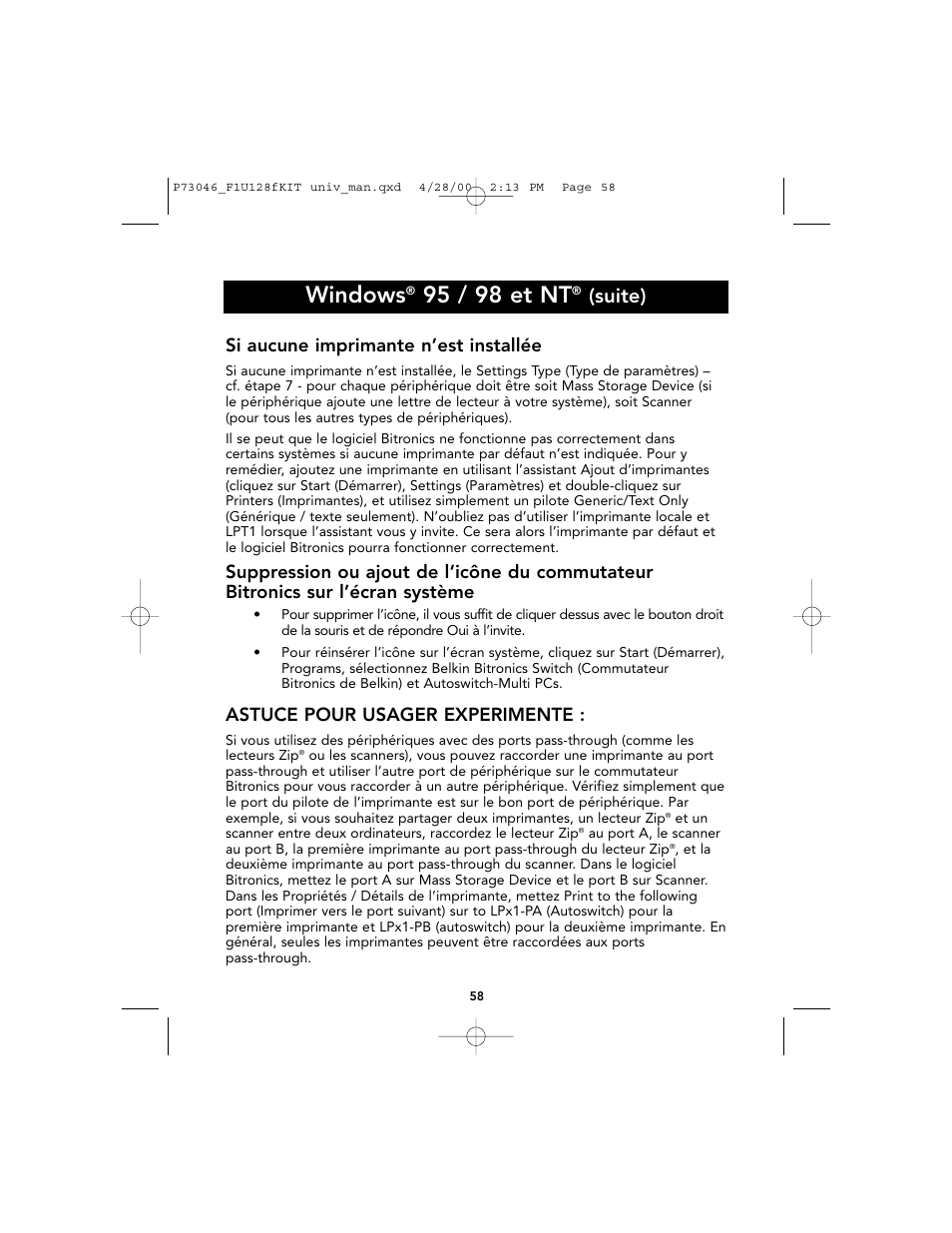 Windows, 95 / 98 et nt, Suite) | Si aucune imprimante n’est installée, Astuce pour usager experimente | Belkin BITRONICS P73046 User Manual | Page 62 / 179