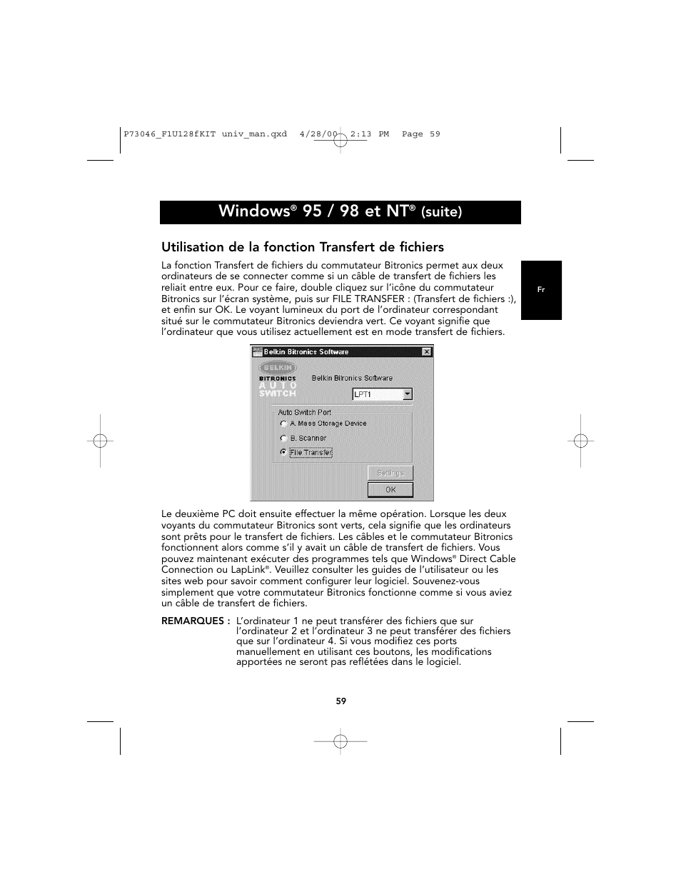 Windows, 95 / 98 et nt, Suite) | Utilisation de la fonction transfert de fichiers | Belkin BITRONICS P73046 User Manual | Page 63 / 179