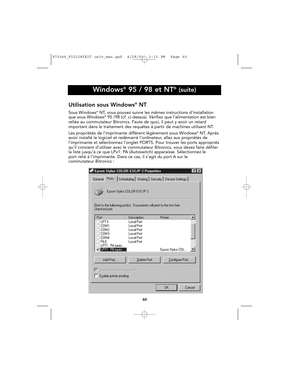 Windows, 95 / 98 et nt, Suite) | Utilisation sous windows | Belkin BITRONICS P73046 User Manual | Page 64 / 179
