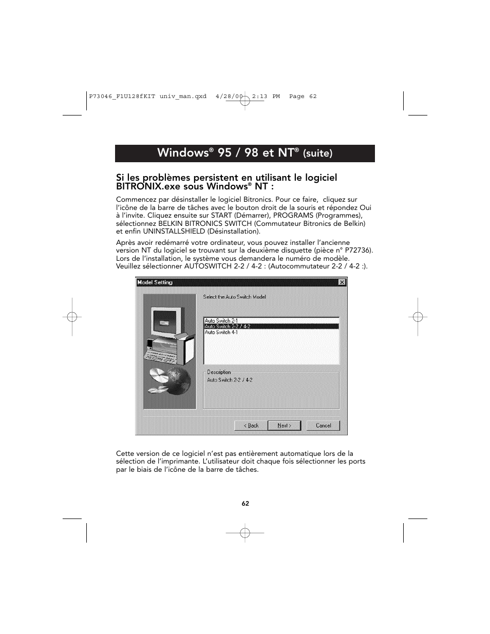 Windows, 95 / 98 et nt, Suite) | Belkin BITRONICS P73046 User Manual | Page 66 / 179