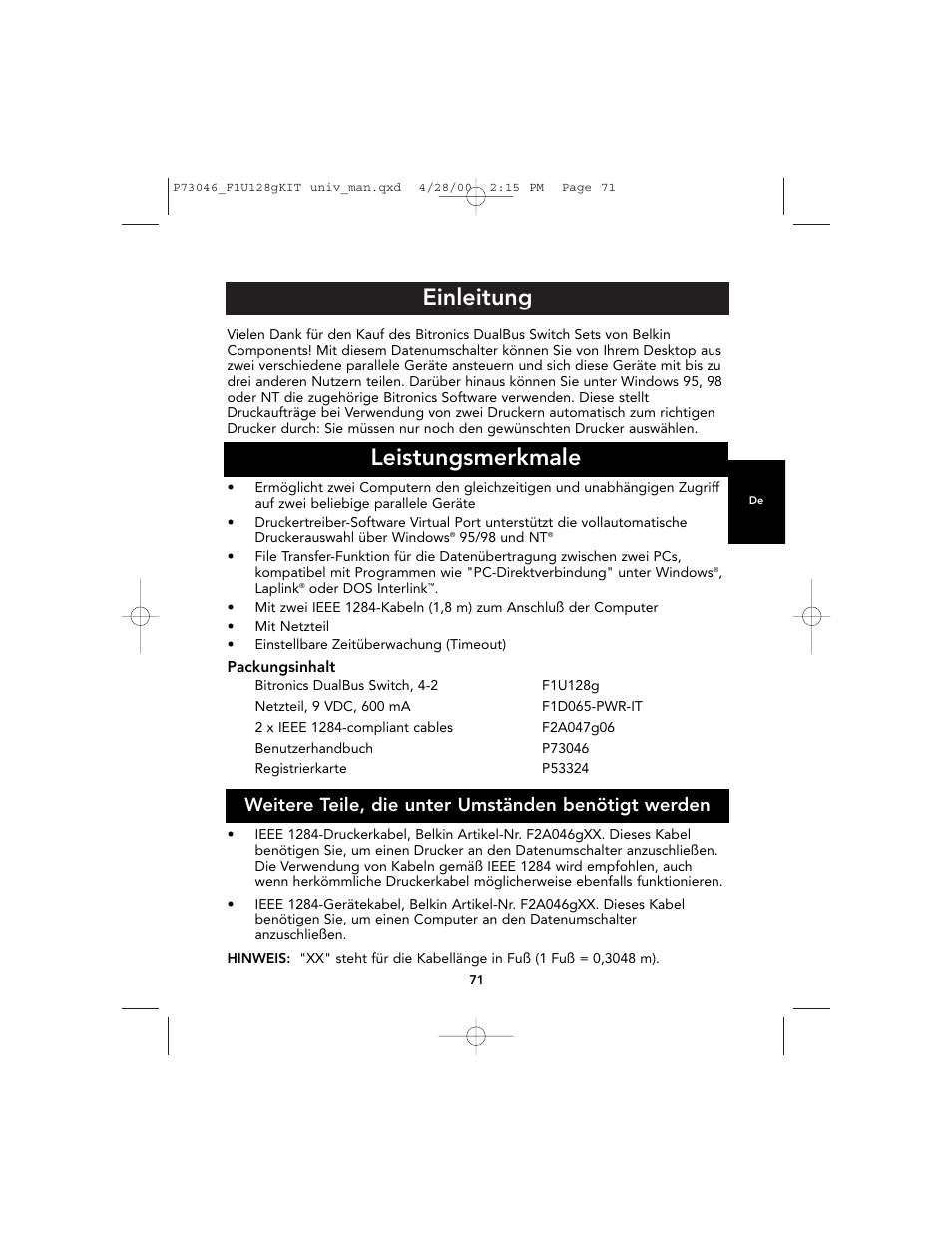 Einleitung leistungsmerkmale, Weitere teile, die unter umständen benötigt werden | Belkin BITRONICS P73046 User Manual | Page 75 / 179