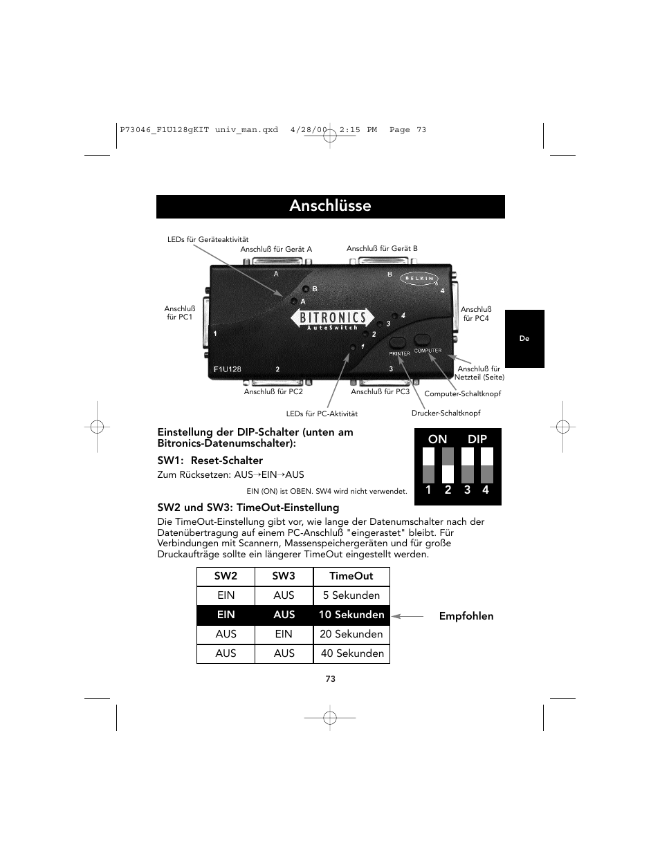 Anschlüsse, On dip 1 2 3 4 | Belkin BITRONICS P73046 User Manual | Page 77 / 179