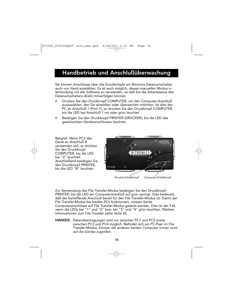 Handbetrieb und anschlußüberwachung | Belkin BITRONICS P73046 User Manual | Page 78 / 179