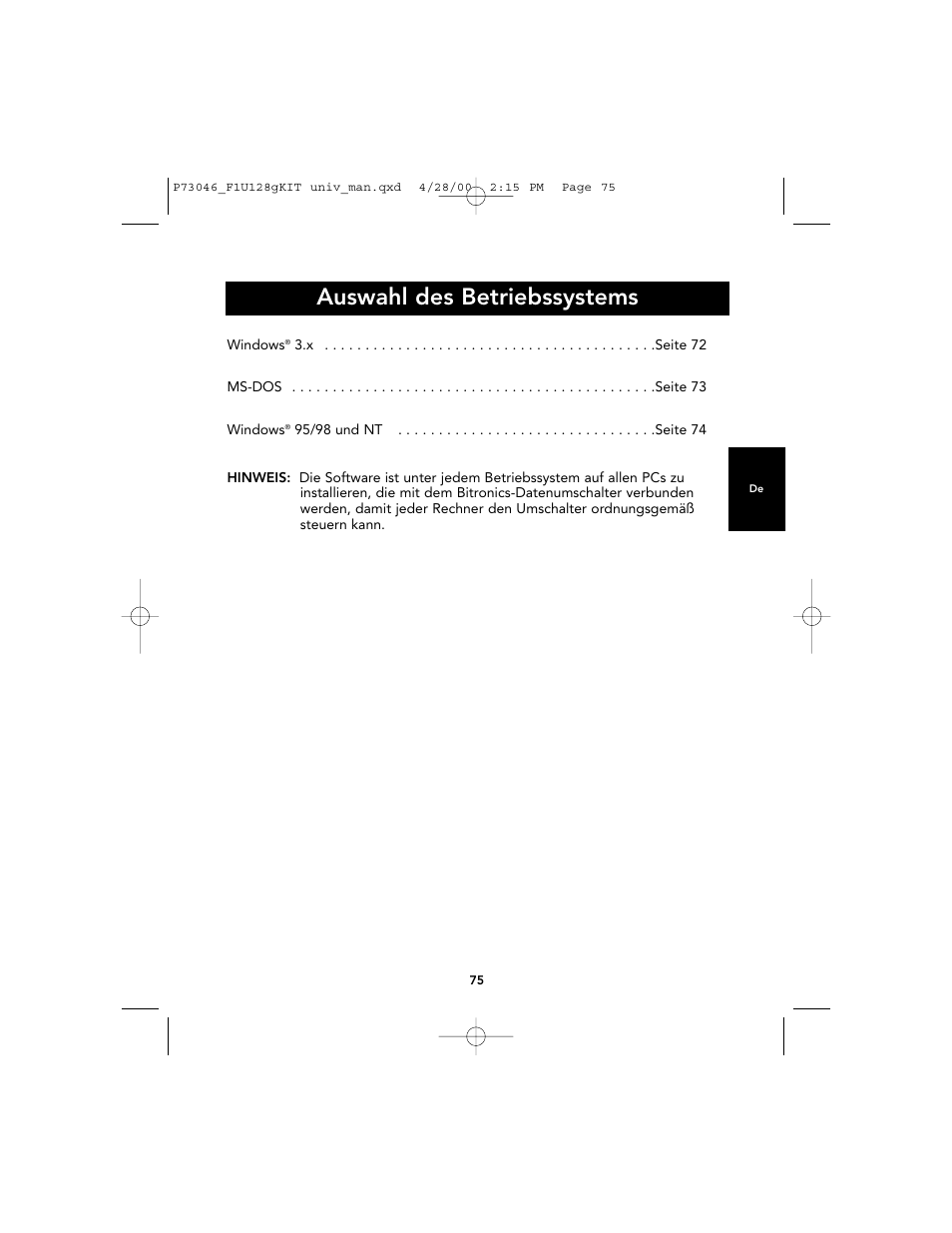 Auswahl des betriebssystems | Belkin BITRONICS P73046 User Manual | Page 79 / 179