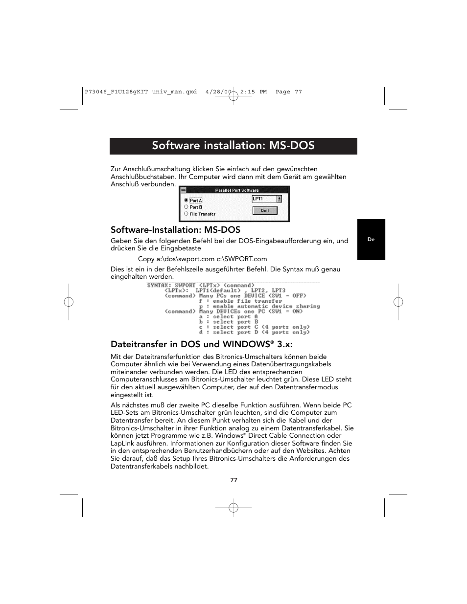 Software installation: ms-dos, Software-installation: ms-dos, Dateitransfer in dos und windows | Belkin BITRONICS P73046 User Manual | Page 81 / 179