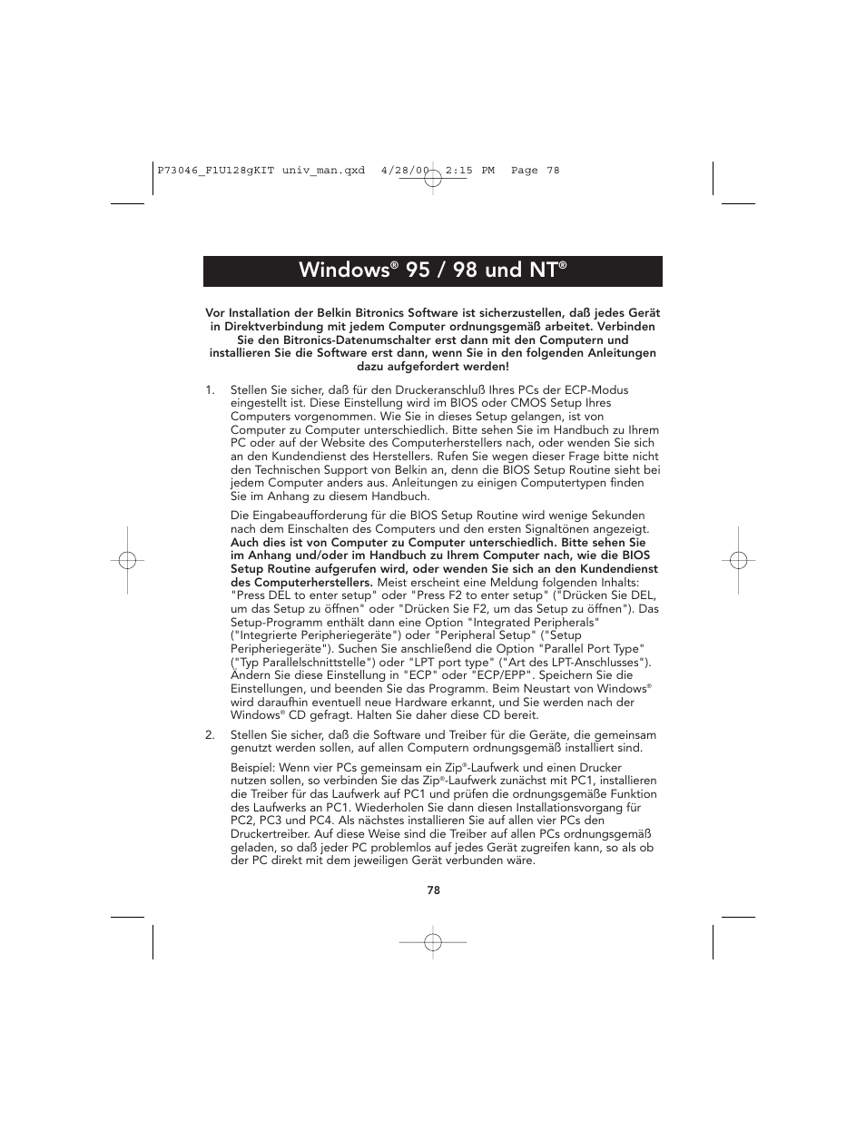 Windows, 95 / 98 und nt | Belkin BITRONICS P73046 User Manual | Page 82 / 179