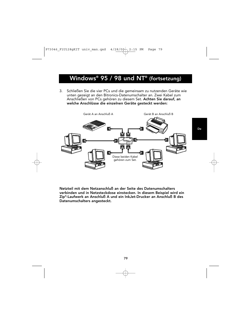 Windows, 95 / 98 und nt, Fortsetzung) | Belkin BITRONICS P73046 User Manual | Page 83 / 179