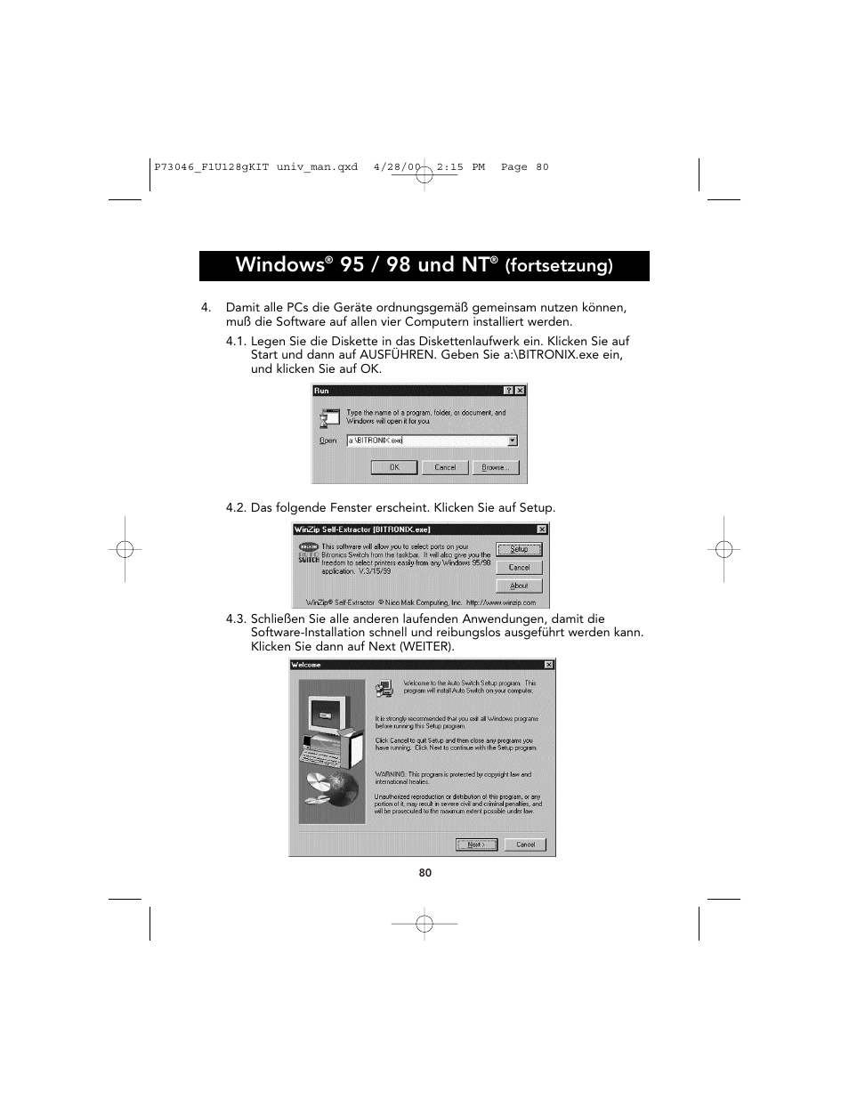 Windows, 95 / 98 und nt, Fortsetzung) | Belkin BITRONICS P73046 User Manual | Page 84 / 179