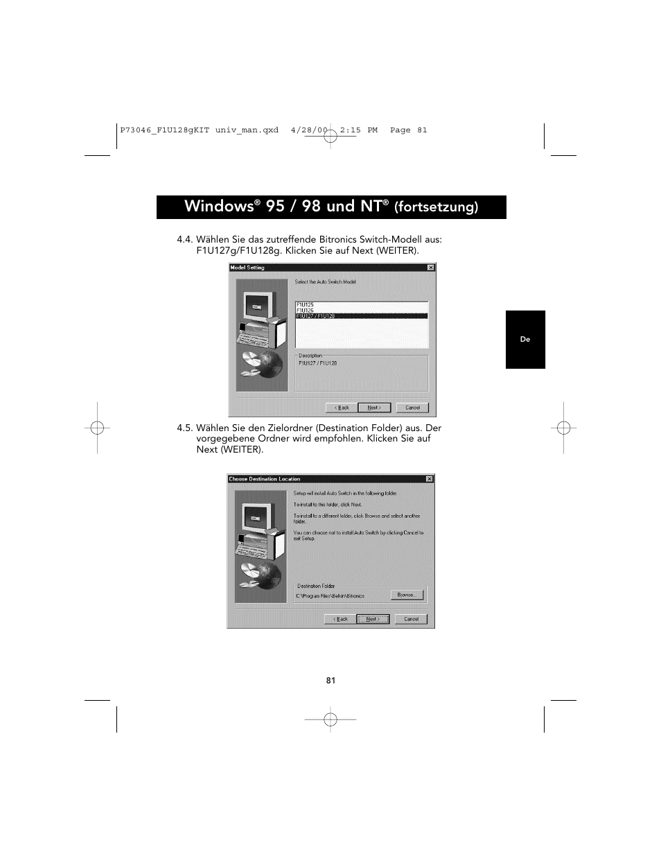 Windows, 95 / 98 und nt, Fortsetzung) | Belkin BITRONICS P73046 User Manual | Page 85 / 179