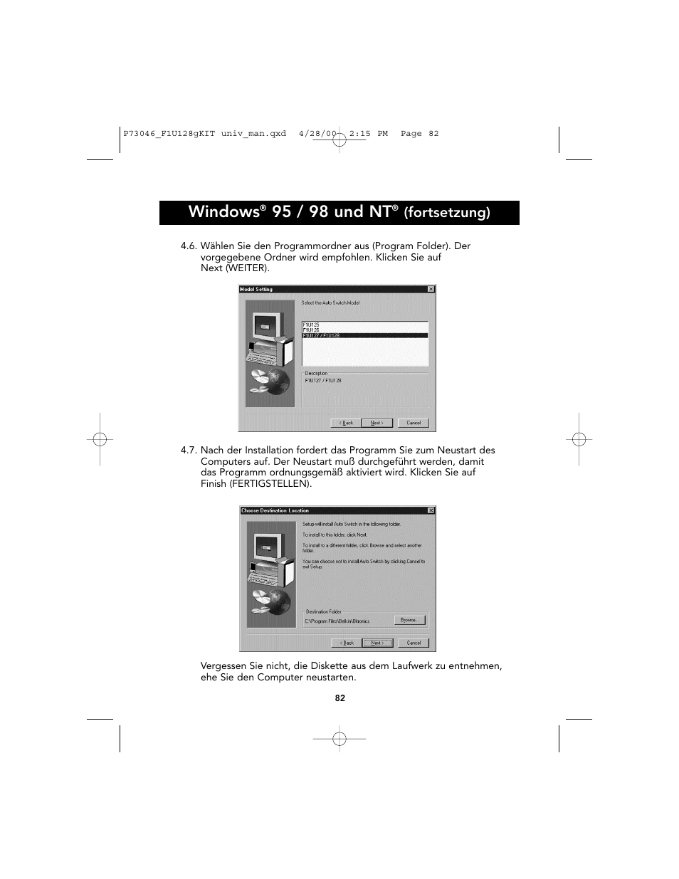 Windows, 95 / 98 und nt, Fortsetzung) | Belkin BITRONICS P73046 User Manual | Page 86 / 179