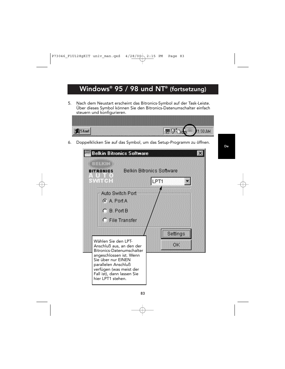 Windows, 95 / 98 und nt, Fortsetzung) | Belkin BITRONICS P73046 User Manual | Page 87 / 179