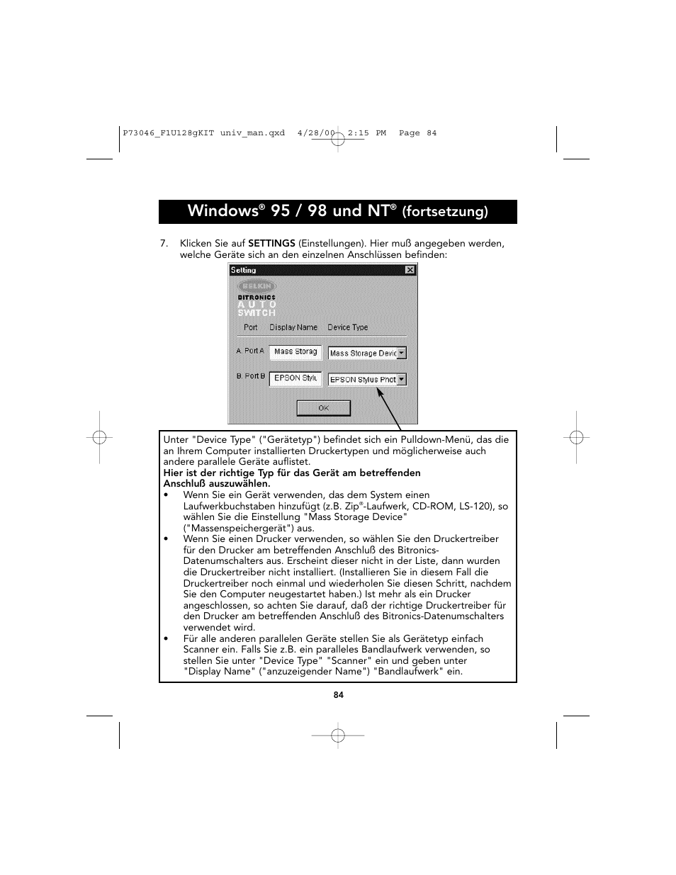 Windows, 95 / 98 und nt, Fortsetzung) | Belkin BITRONICS P73046 User Manual | Page 88 / 179