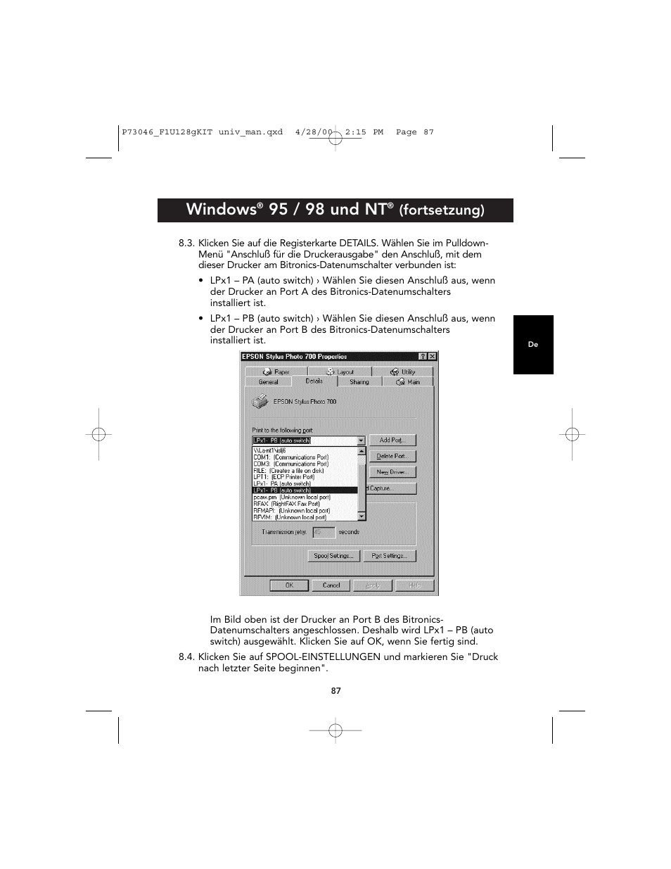 Windows, 95 / 98 und nt, Fortsetzung) | Belkin BITRONICS P73046 User Manual | Page 91 / 179