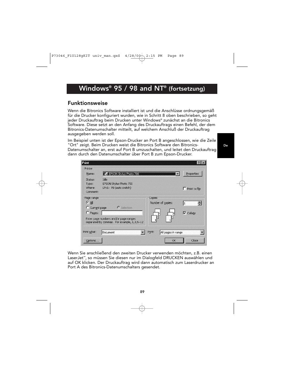 Windows, 95 / 98 and nt, Fortsetzung) | Funktionsweise | Belkin BITRONICS P73046 User Manual | Page 93 / 179