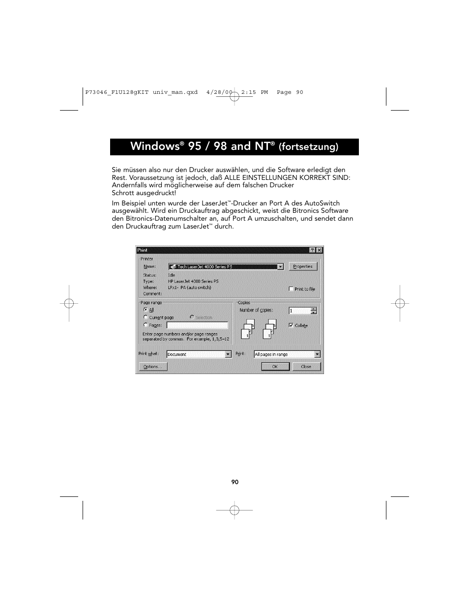 Windows, 95 / 98 and nt, Fortsetzung) | Belkin BITRONICS P73046 User Manual | Page 94 / 179