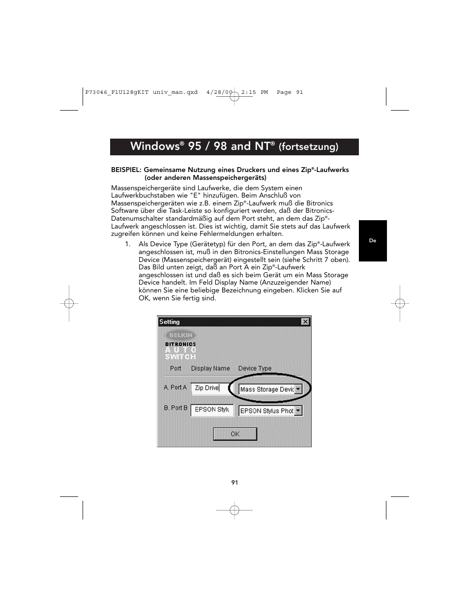 Windows, 95 / 98 and nt, Fortsetzung) | Belkin BITRONICS P73046 User Manual | Page 95 / 179