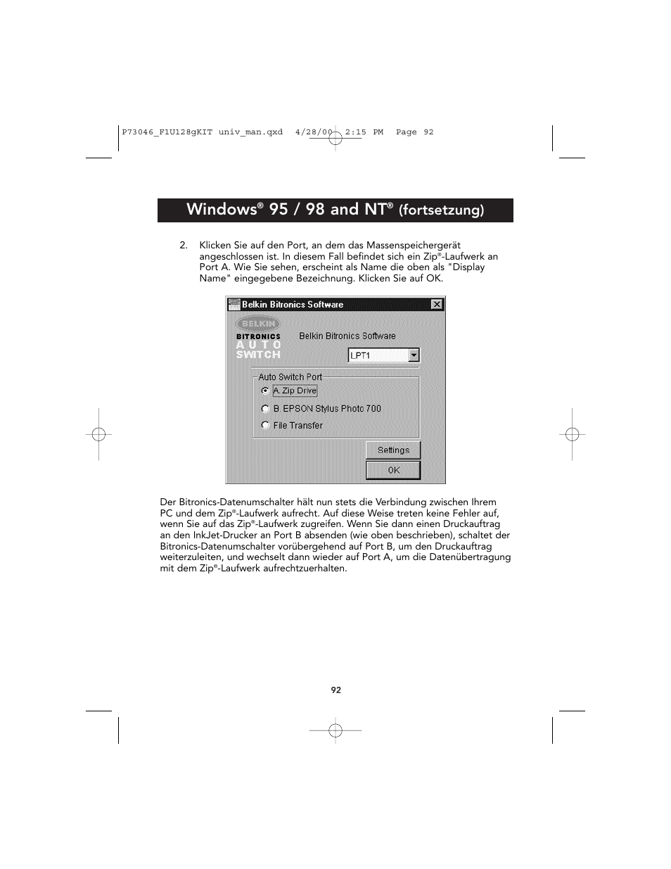 Windows, 95 / 98 and nt, Fortsetzung) | Belkin BITRONICS P73046 User Manual | Page 96 / 179