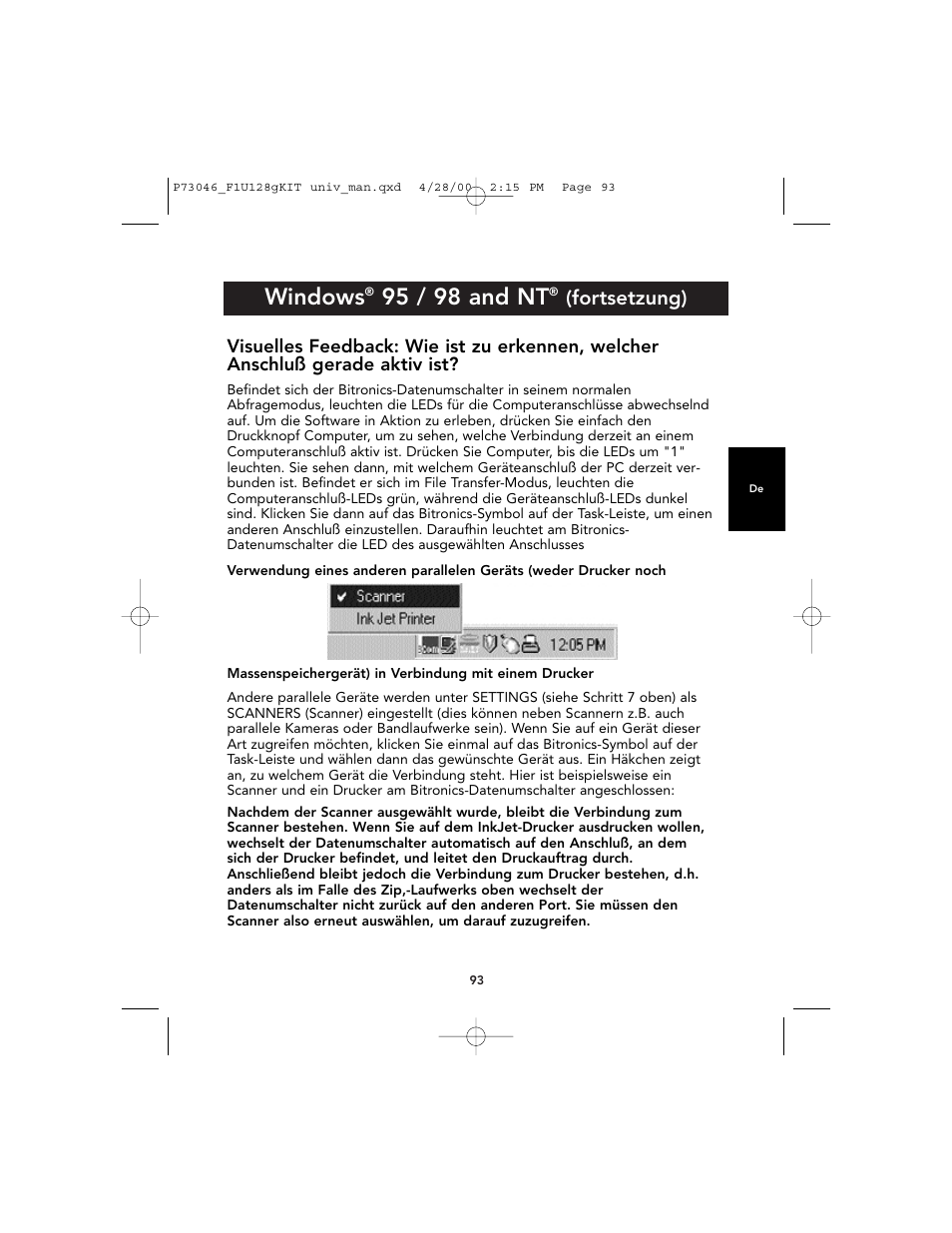 Windows, 95 / 98 and nt, Fortsetzung) | Belkin BITRONICS P73046 User Manual | Page 97 / 179