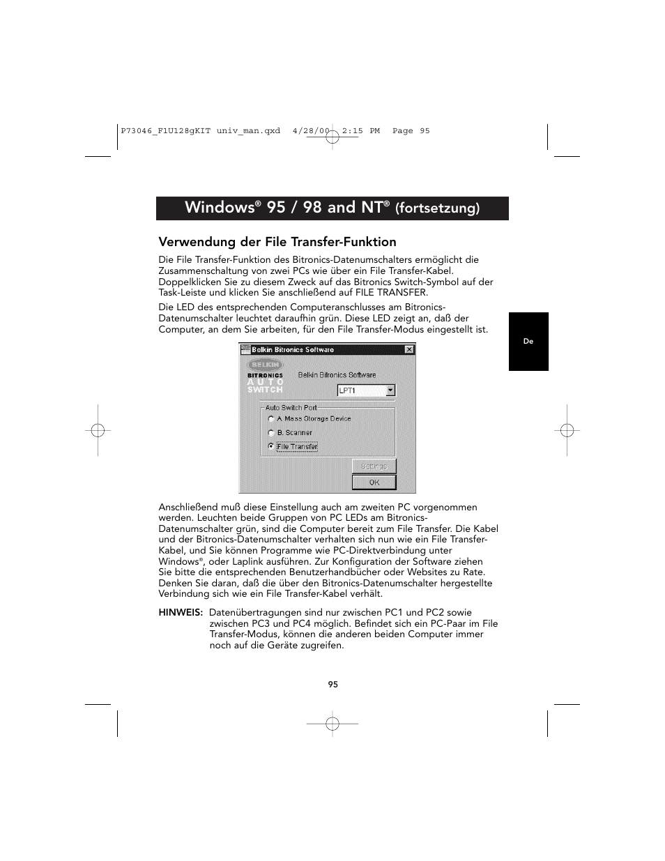 Windows, 95 / 98 and nt, Fortsetzung) | Verwendung der file transfer-funktion | Belkin BITRONICS P73046 User Manual | Page 99 / 179